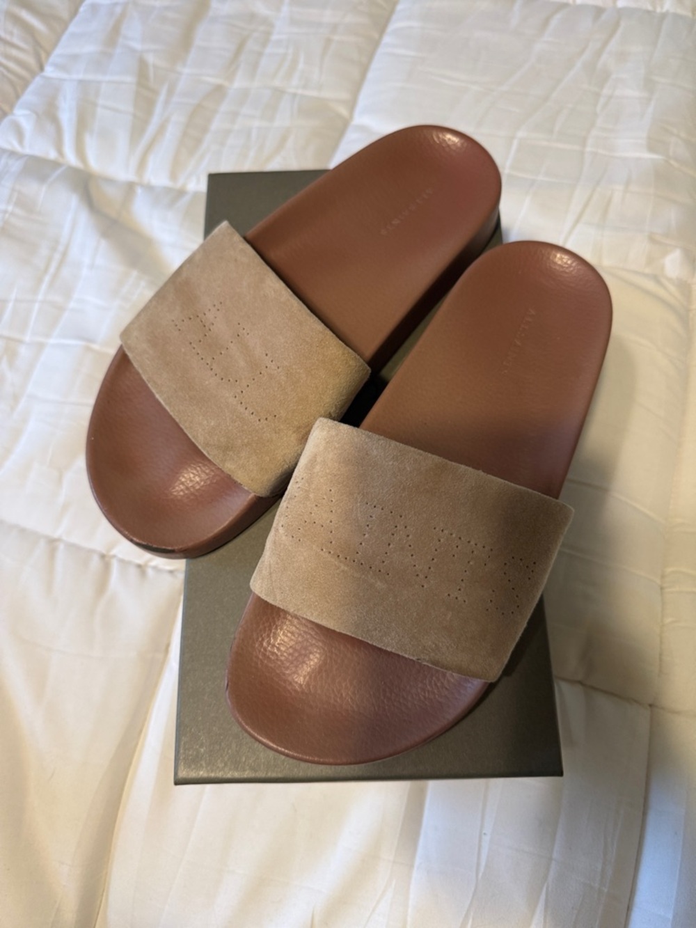 AllSaints Taupe Suede Strap Slide Sandals with Brown Footbed
